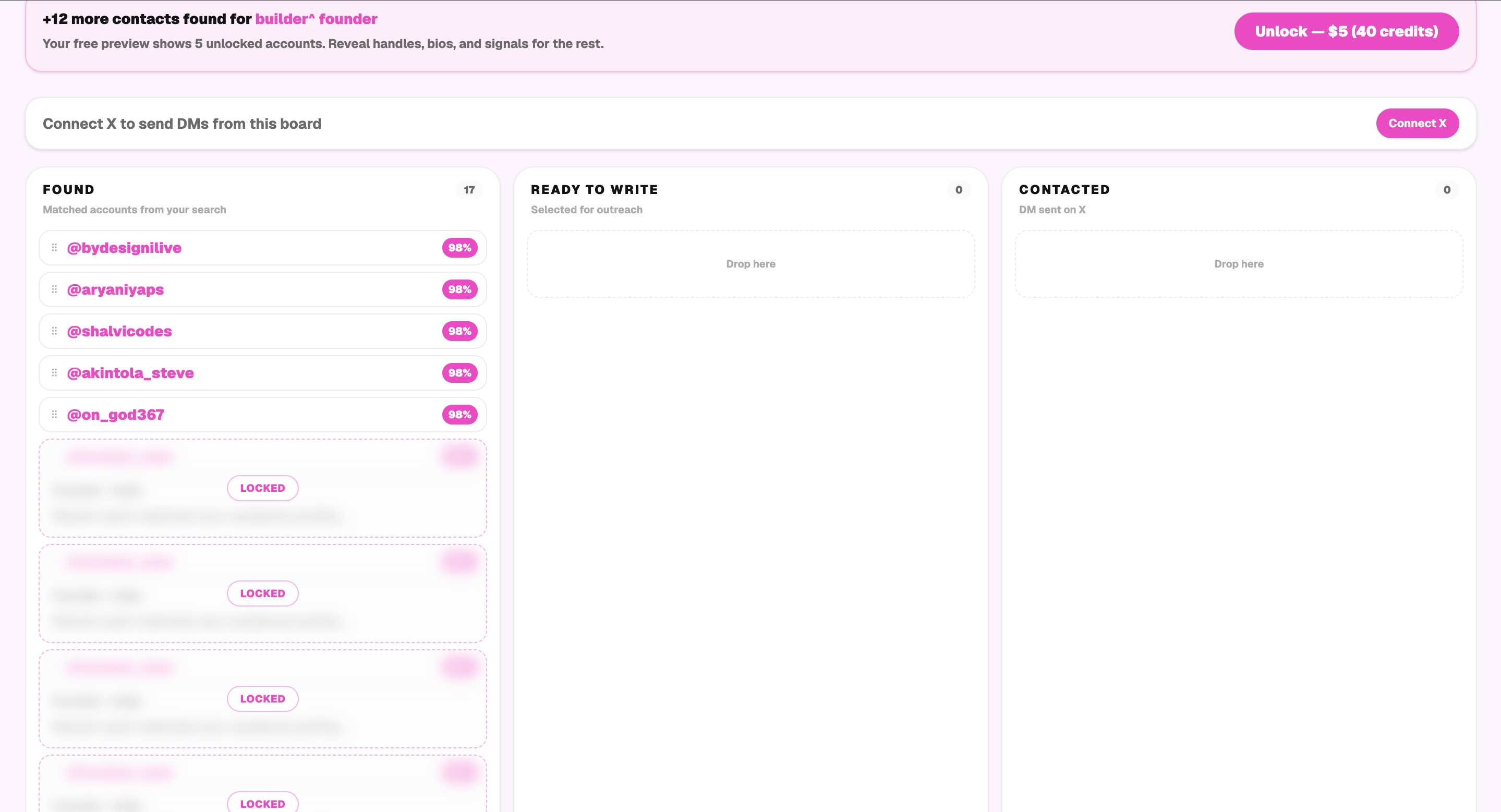 Outreach board with Found, Ready to write, and Contacted columns